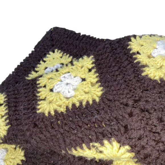 Vintage Handmade Granny Square Quilt Throw Blanket Brown Yellow Crochet Knit 70s - Picture 6 of 8